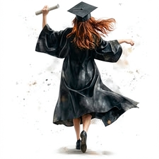 girl with graduation gown and cap walking off